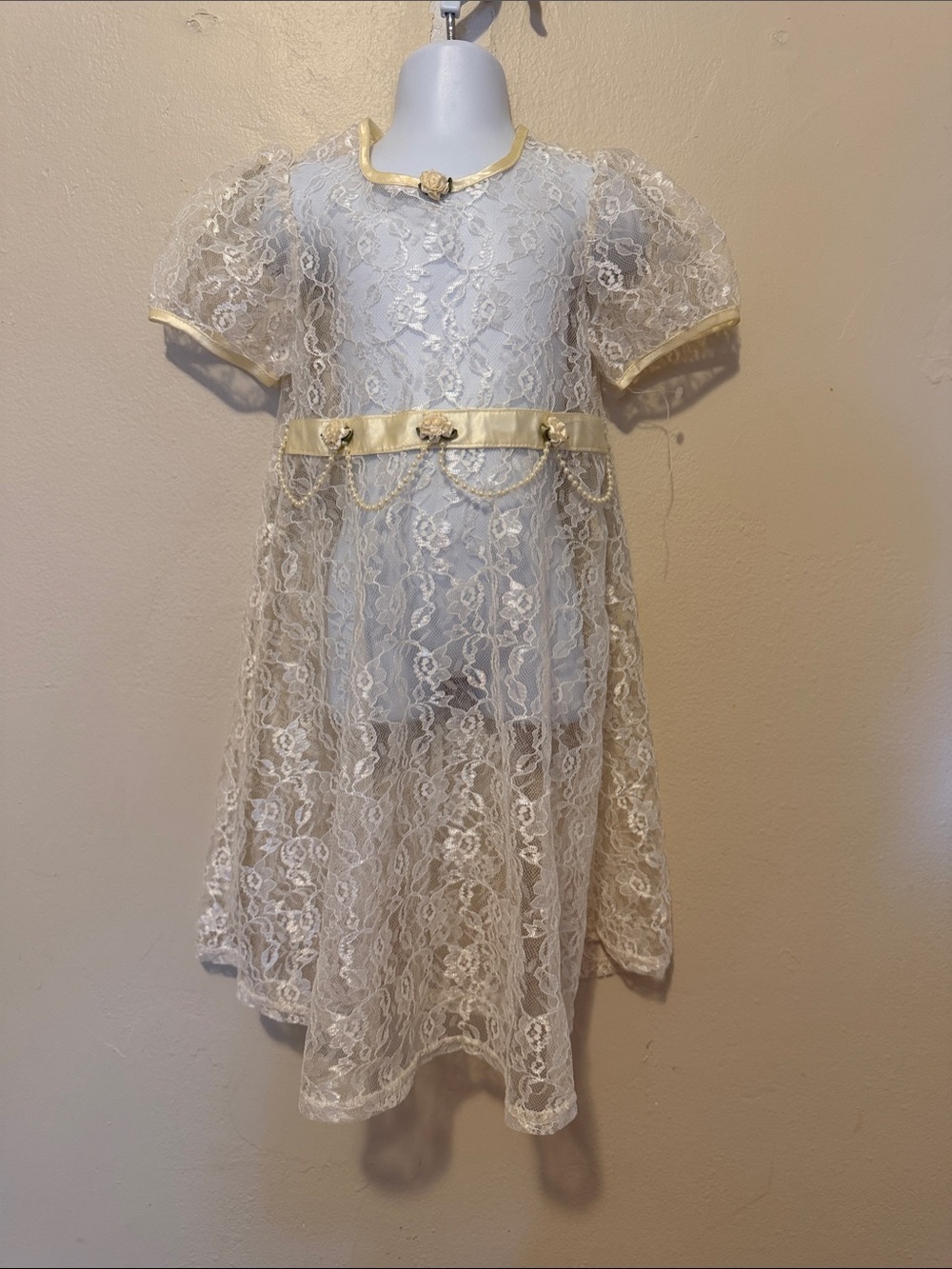 Girls White Lace Formal Dress with Gold Trim